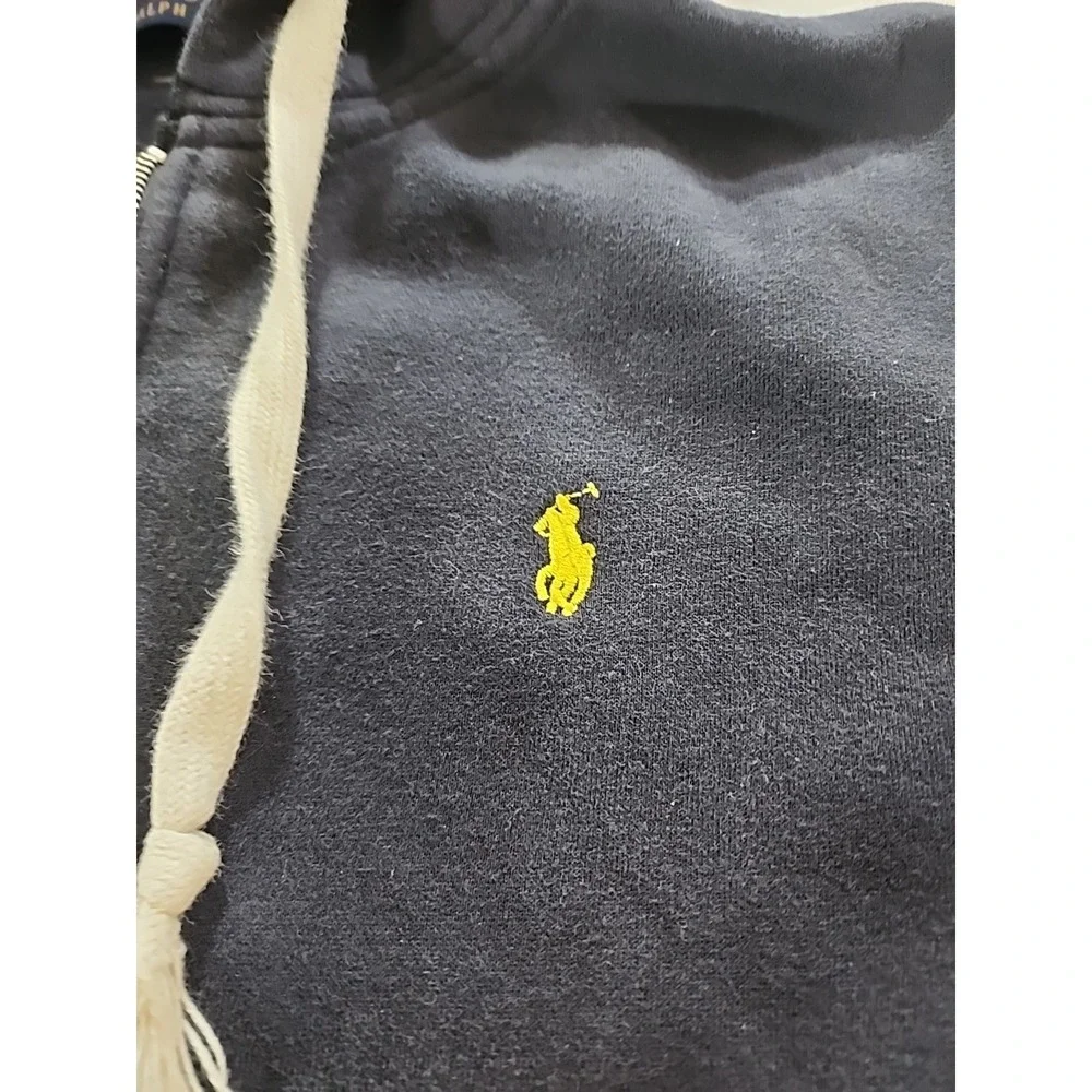 Vtg‎ Polo Ralph Lauren Full Zip Hoodie Medium Navy Blue Yellow Logo Slim Fit